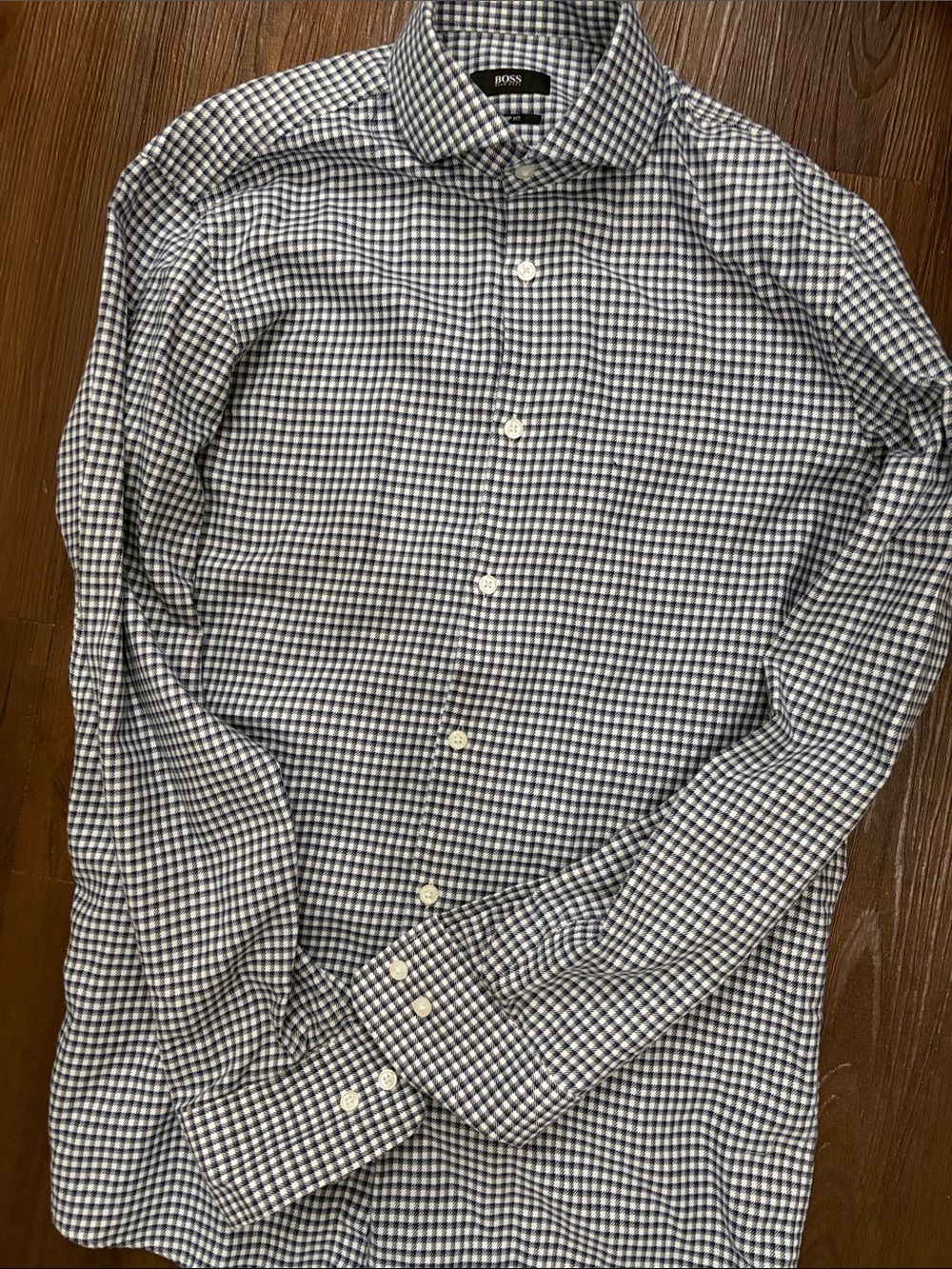 BOSS Navy and White Gingham Dress Shirt